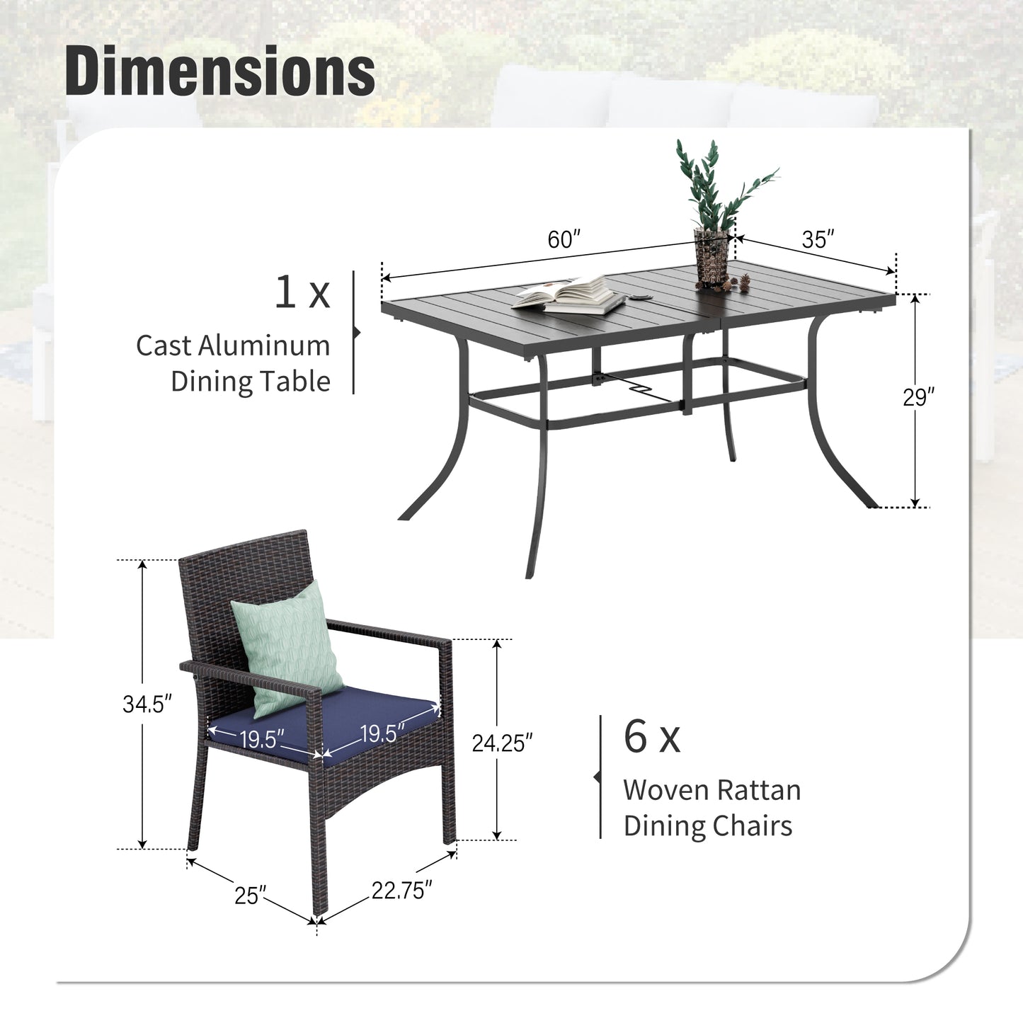 Captiva Designs 7pc Patio Slatted Top Steel Dining Table with Umbrella Hole & Cushioned Armrest Rattan Chairs