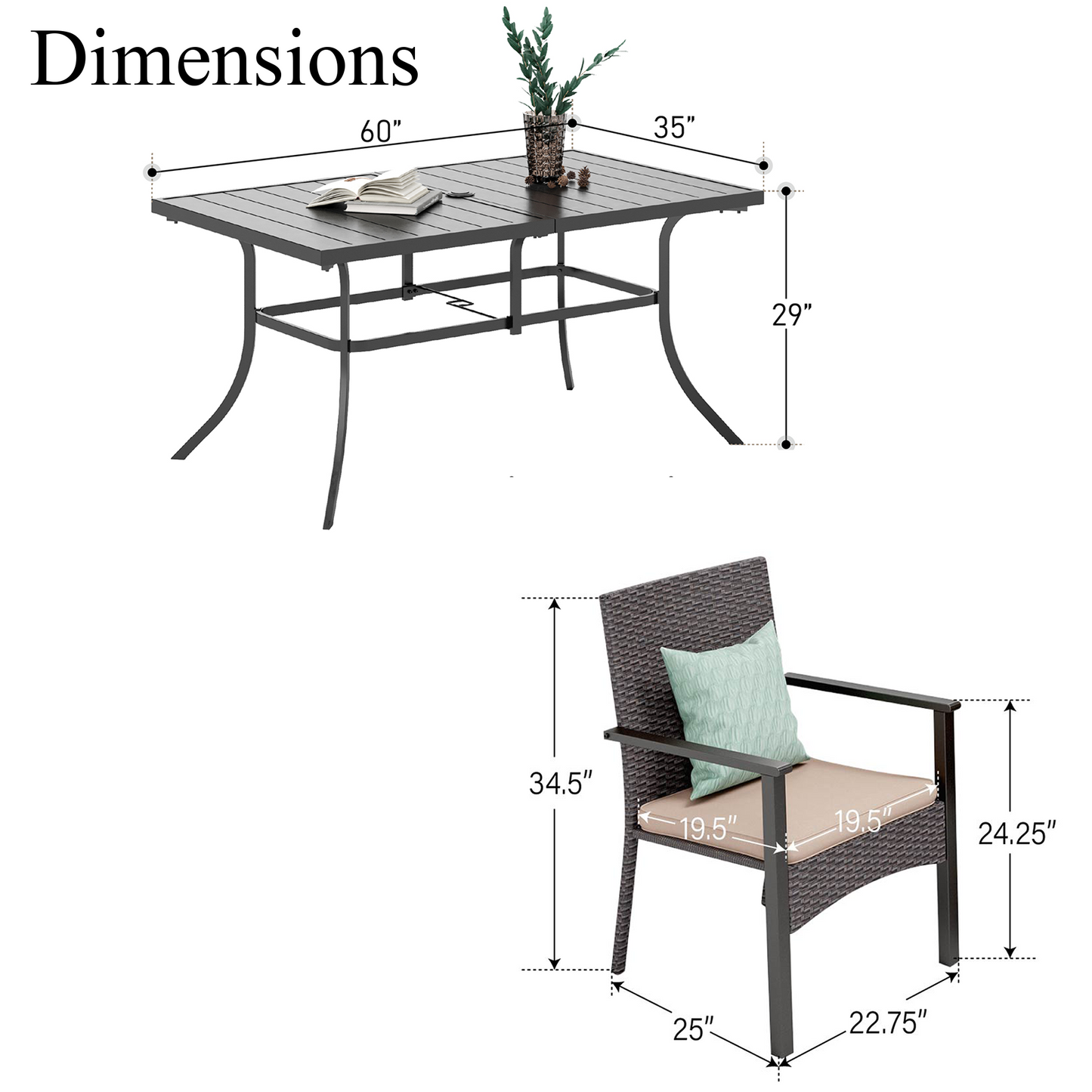 Captiva Designs 7pc Patio Slatted Top Steel Dining Table with Umbrella Hole & Cushioned Armrest Rattan Chairs