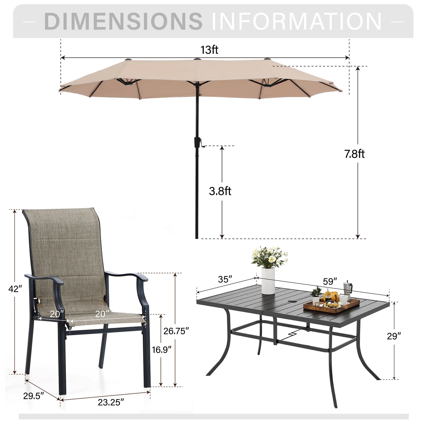 Captiva Designs 8pc Outdoor Patio Rectangle Steel Dining Table & Padded Sling Armchairs & Market Umbrella