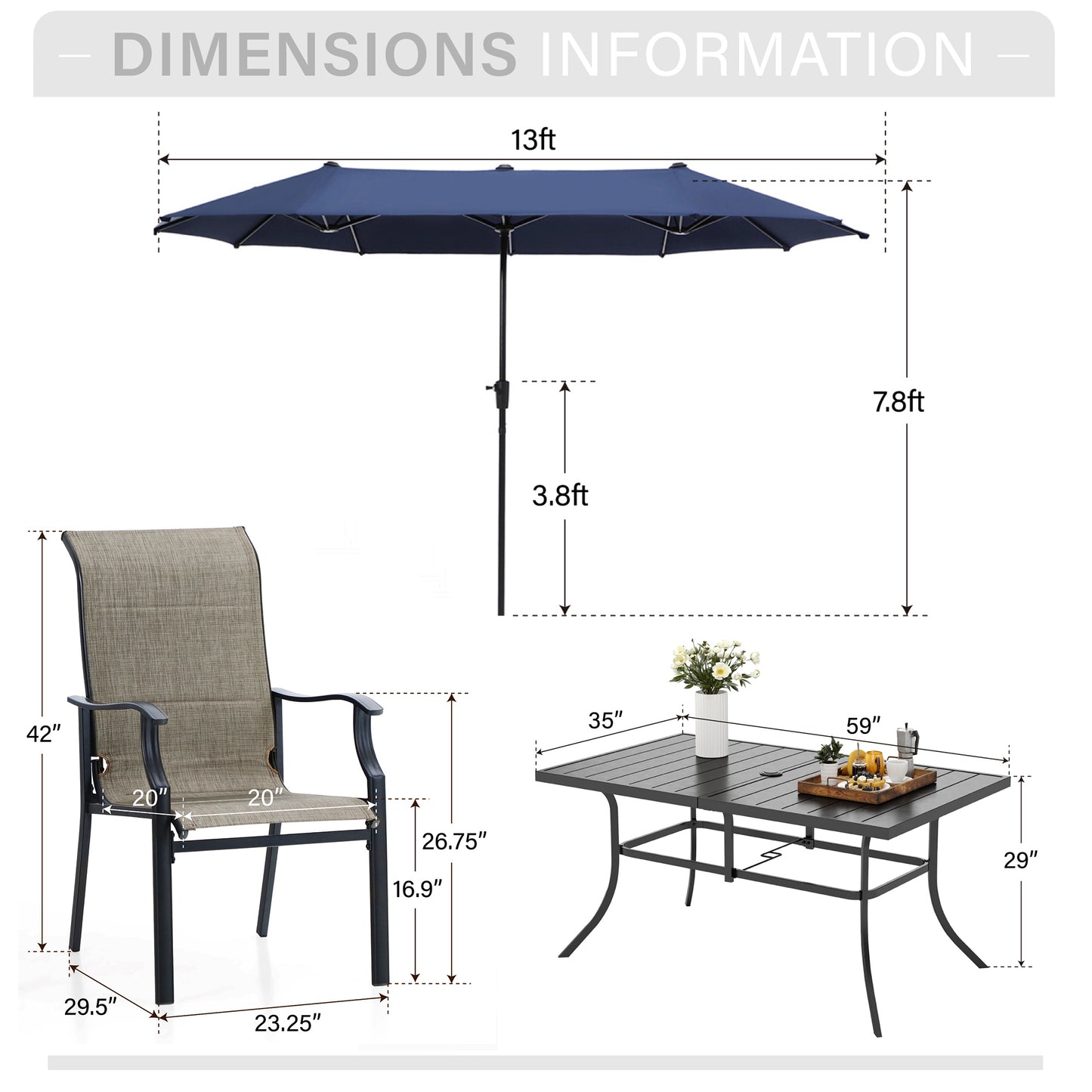 Captiva Designs 8pc Outdoor Patio Rectangle Steel Dining Table & Padded Sling Armchairs & Market Umbrella