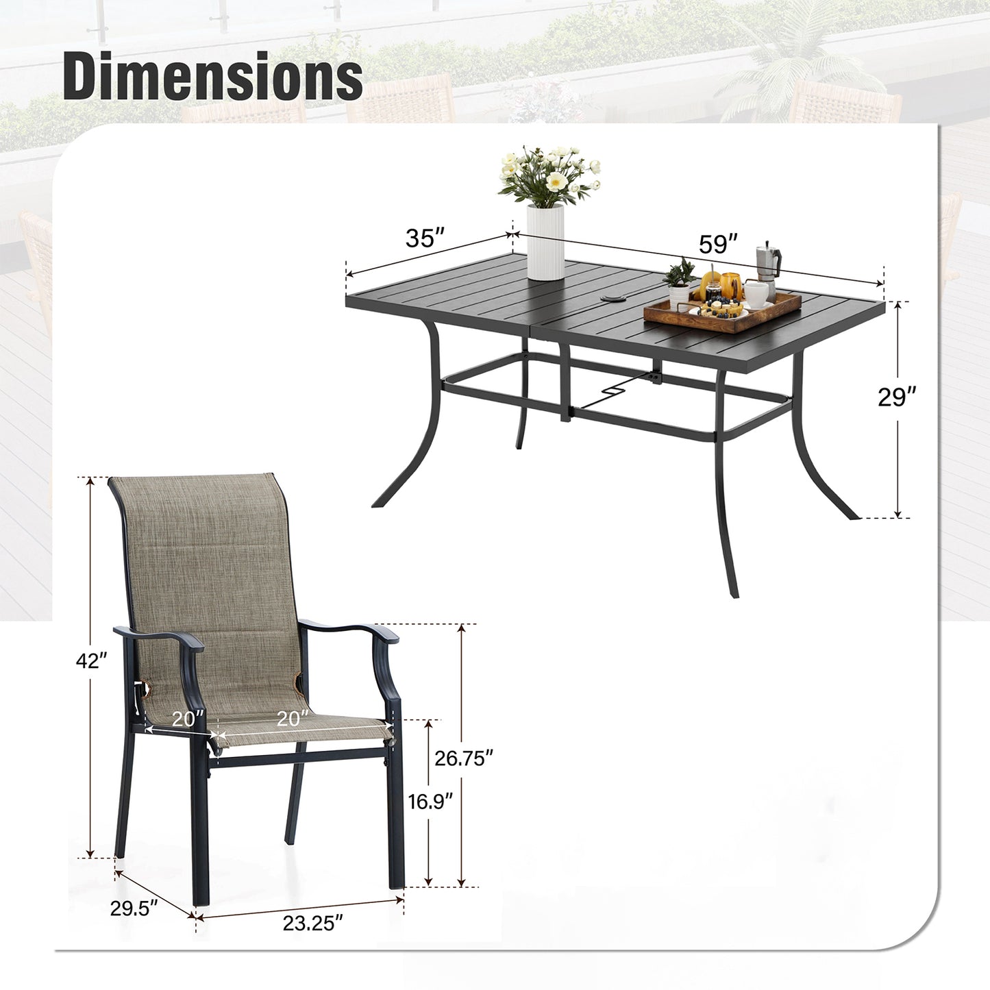 Captiva Designs 7 件 U 型腿木质金属矩形桌，带伞孔和软垫吊带旋转椅