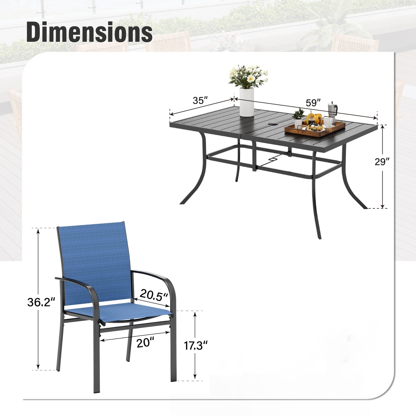 Captiva Designs 7 件套露台餐桌椅套装，配有带顶板的矩形桌子和红色吊带固定餐椅