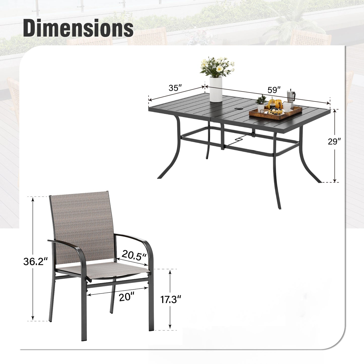 Captiva Designs 7 件套露台餐桌椅套装，配有带顶板的矩形桌子和红色吊带固定餐椅
