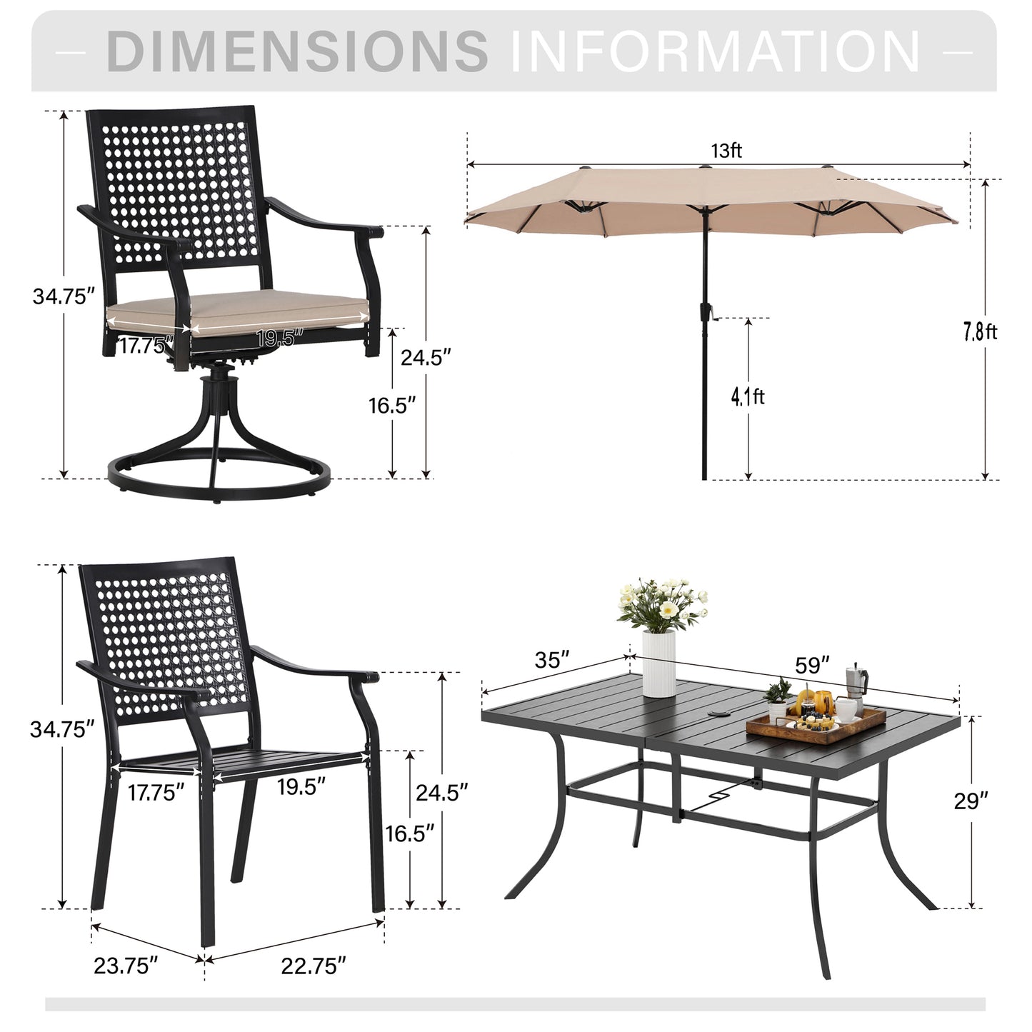Captiva Designs 8pc Patio Dining Set with Rectangular Steel Table & Black Steel Chairs & Market Umbrella