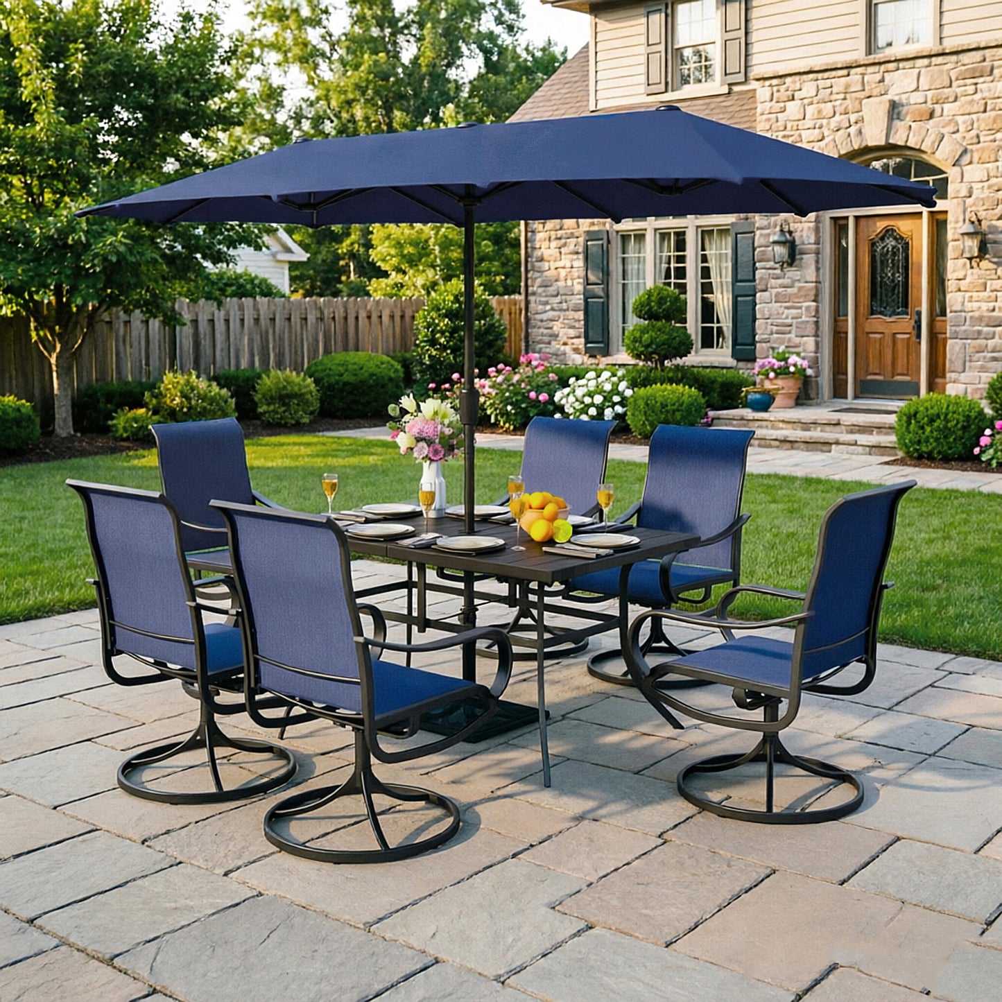 Captiva Designs 8pc Patio Rectangular Steel Dining Table & Sling Swivel Chairs & Market Umbrella