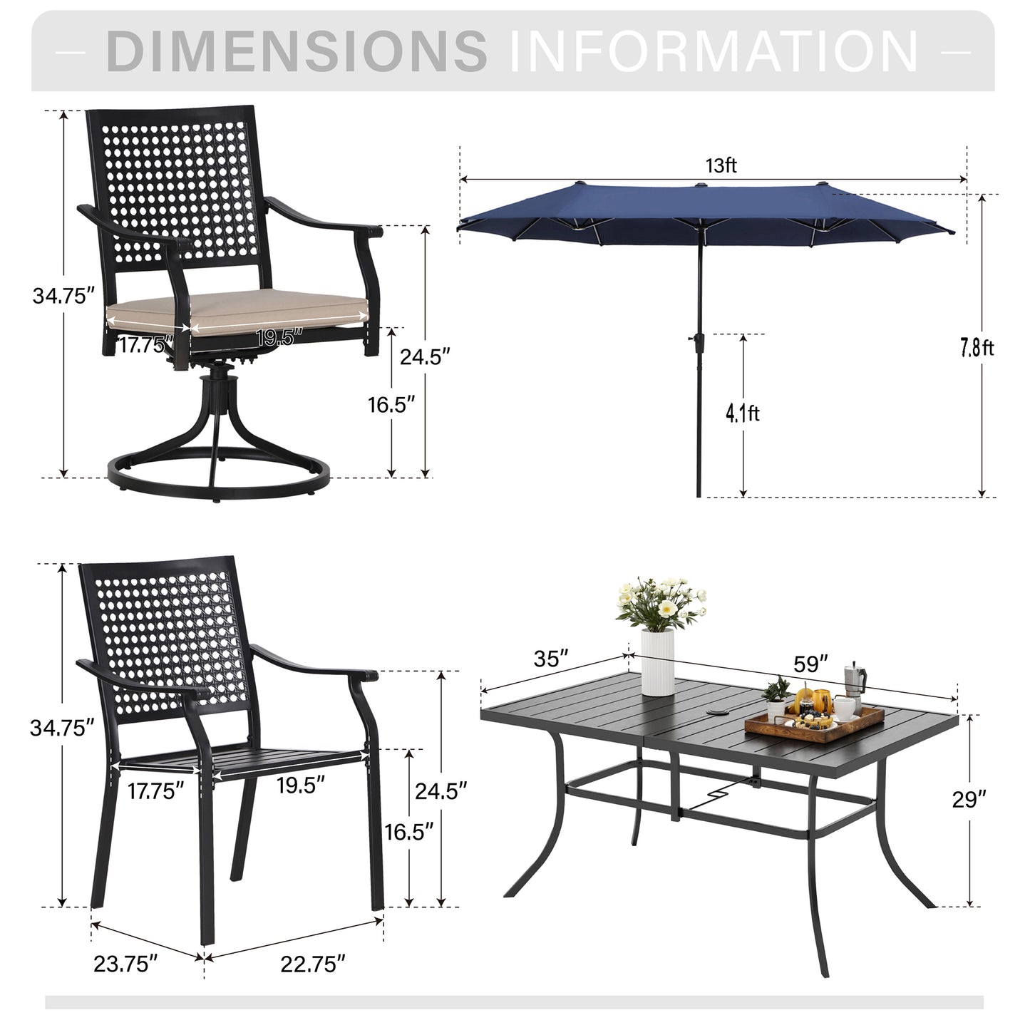 Captiva Designs 8pc Patio Dining Set with Rectangular Steel Table & Black Steel Chairs & Market Umbrella