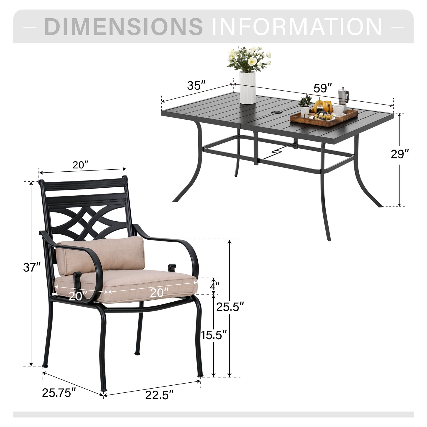 Captiva Designs 7pc Patio Dining Black Rectangular Table with Umbrella Hole & Metal Chairs with Seat Cushions and Waist Pillows