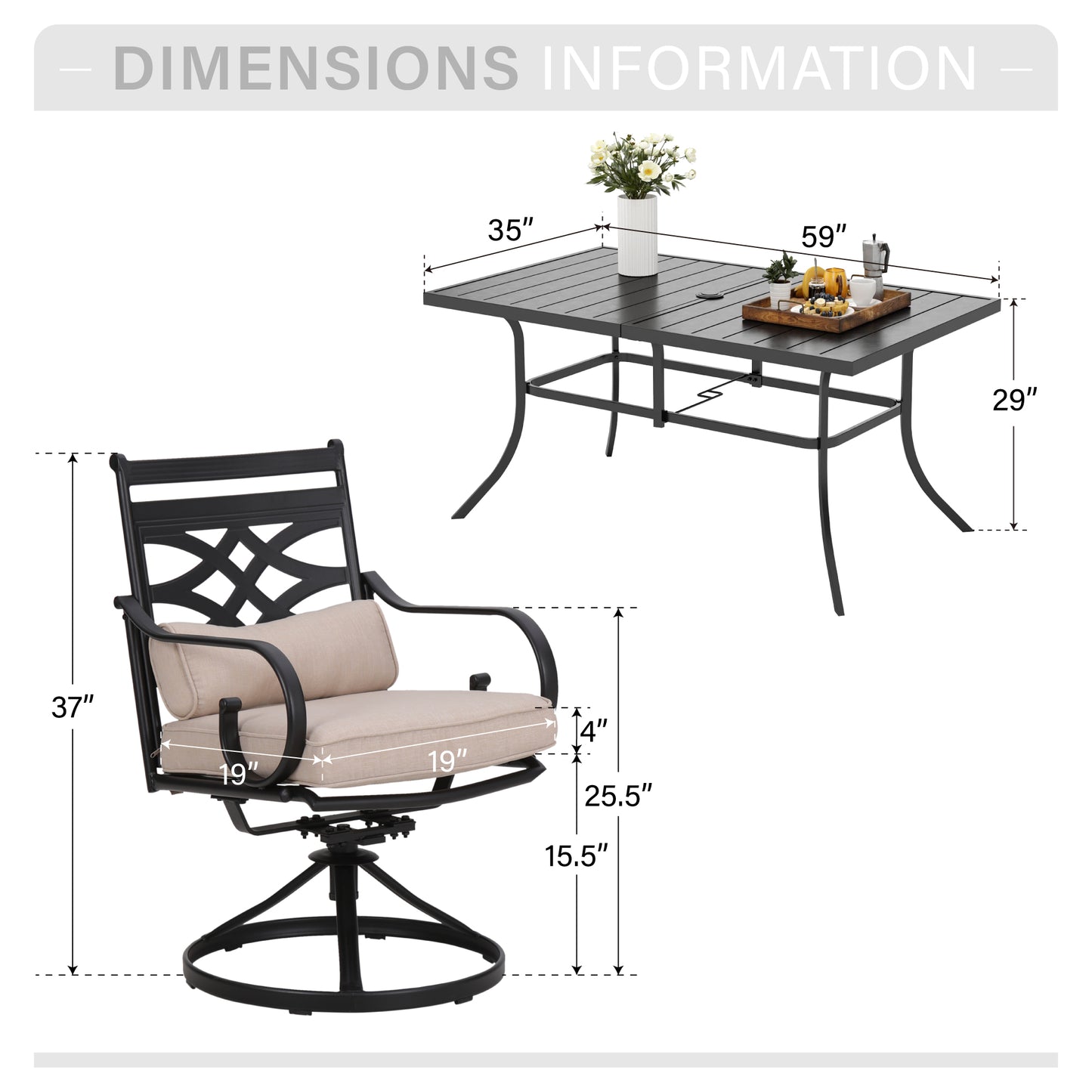Captiva Designs 7pc Patio Dining Black Rectangular Table with Umbrella Hole & Metal Chairs with Seat Cushions and Waist Pillows
