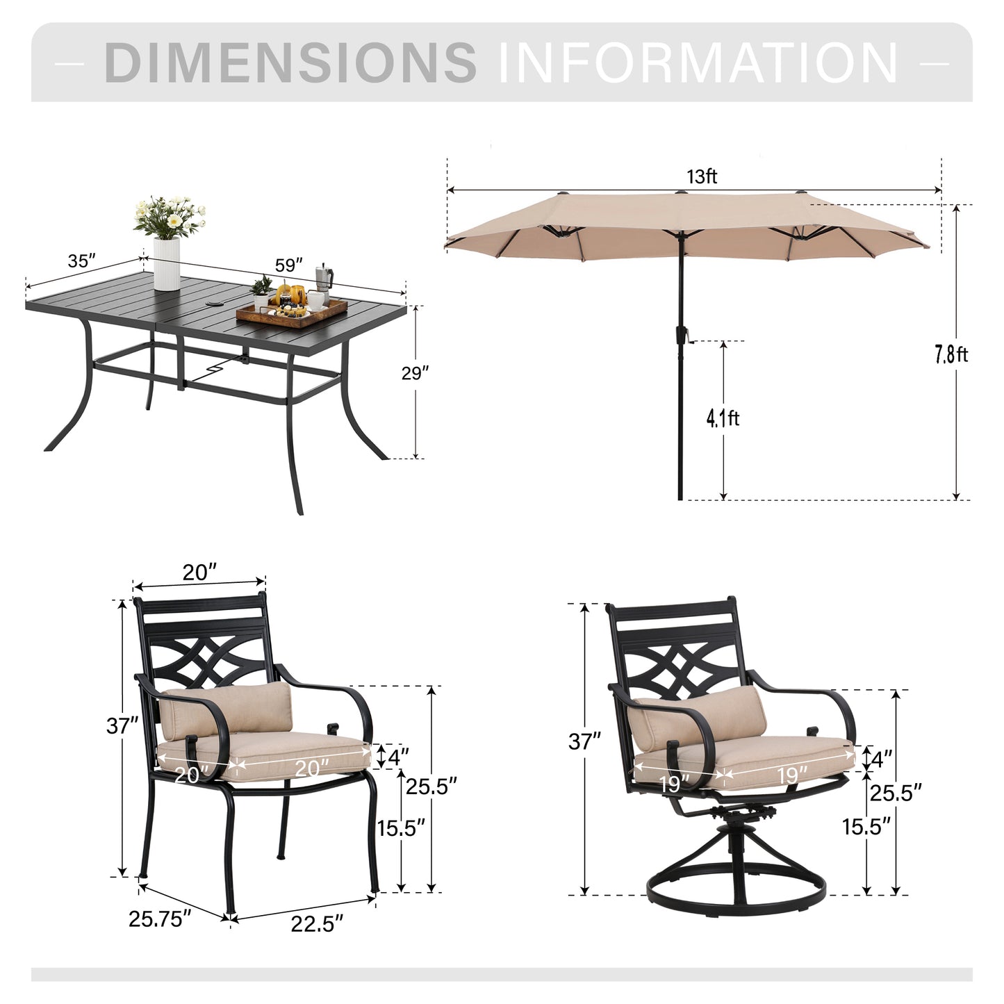 Captiva Designs 8Pc Outdoor Steel Rectangle Dining Table & Cushioned Metal Chairs & Market Umbrella