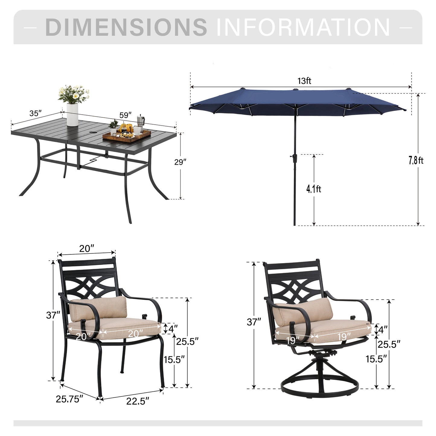 Captiva Designs 8Pc Outdoor Steel Rectangle Dining Table & Cushioned Metal Chairs & Market Umbrella