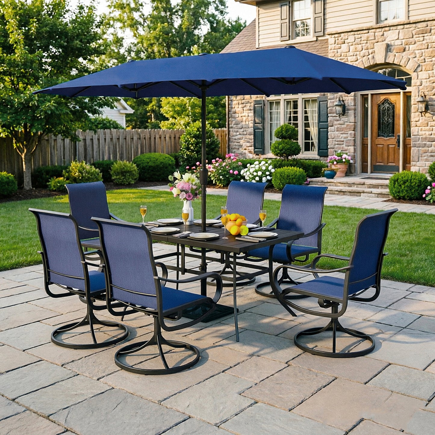 Captiva Designs 8pc Patio Rectangular Steel Dining Table & Sling Swivel Chairs & Market Umbrella