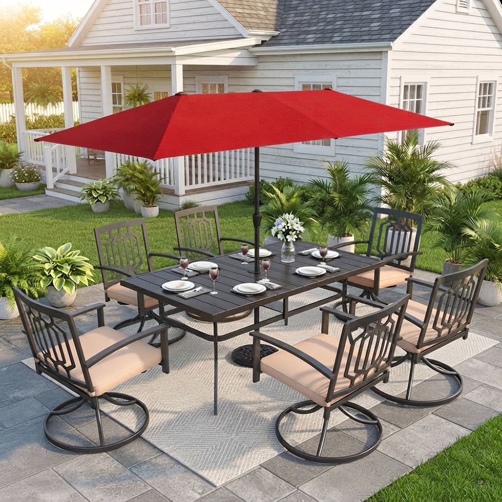 Captiva Designs 8pc Outdoor Rectangular Steel Dining Table & Black Steel Chairs & Market Umbrella