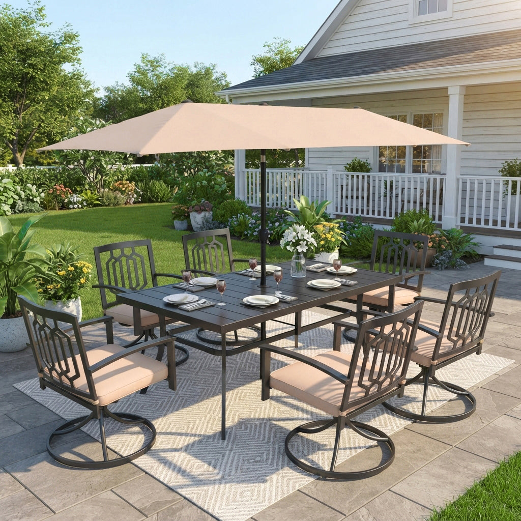Captiva Designs 8pc Outdoor Rectangular Steel Dining Table & Black Steel Chairs & Market Umbrella