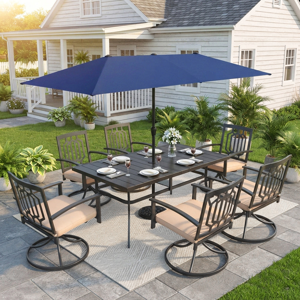 Captiva Designs 8pc Outdoor Rectangular Steel Dining Table & Black Steel Chairs & Market Umbrella
