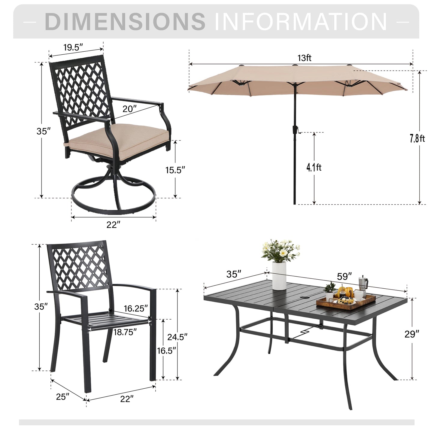 Captiva Designs 8pc Outdoor Slat-top Rectangular Steel Dining Table & Black Steel Chairs & Beige Umbrella