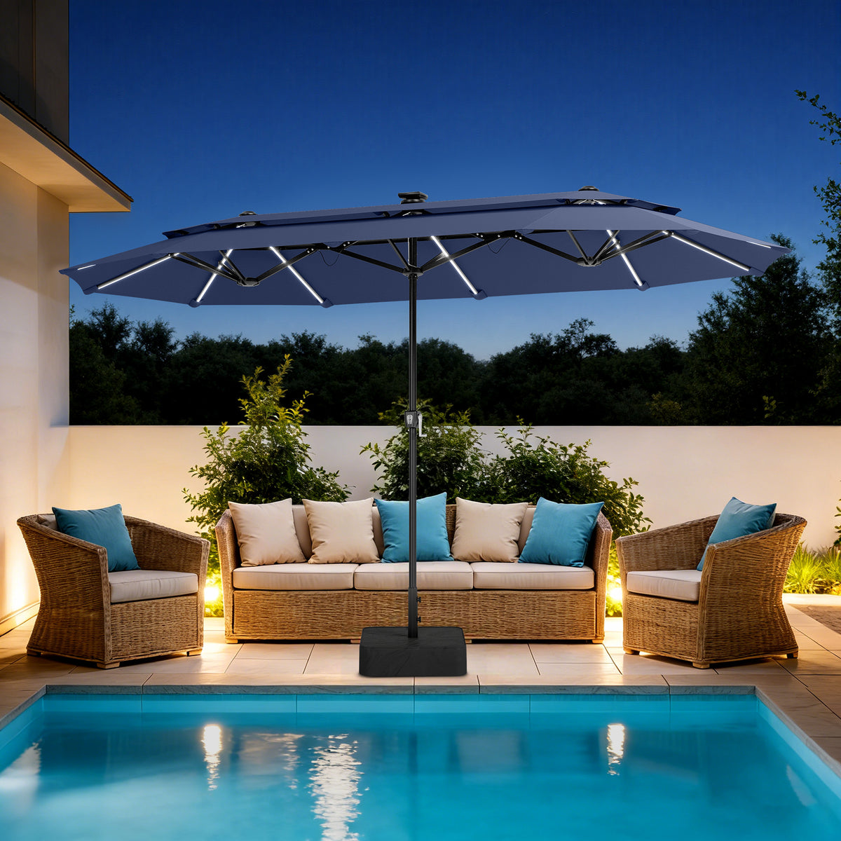 Captiva Designs 13ft Vented 2-Tier Rectangular Patio Umbrella with Base, Fade-Resistant Polyester, Crank Lift, Market Umbrella