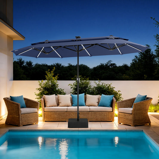 Captiva Designs 13ft Vented 2-Tier Rectangular Patio Umbrella with Base, Fade-Resistant Polyester, Crank Lift, Market Umbrella