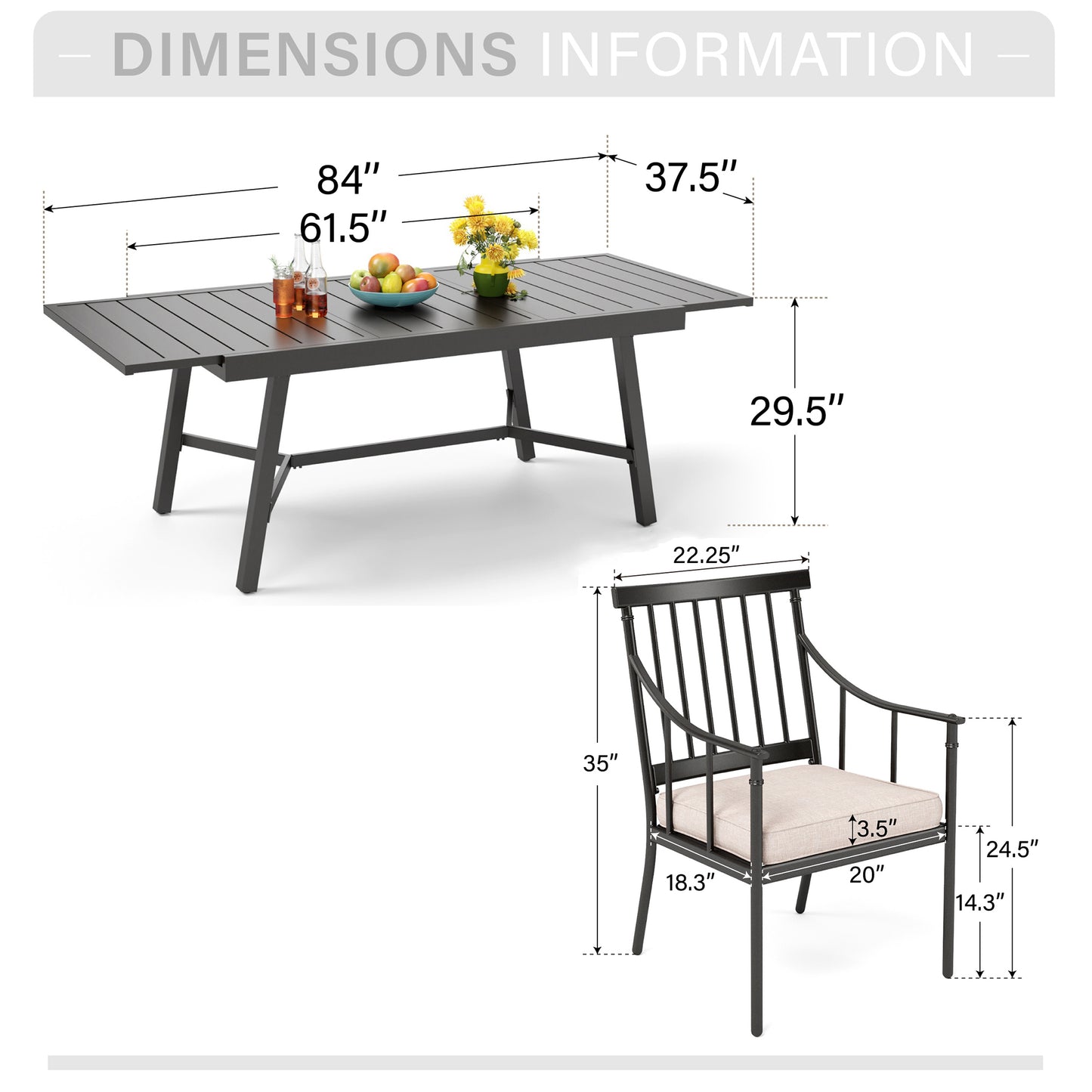 Captiva Designs 9pc Patio Slat-top Adjustable Steel Rectangle Table & Stylish Arm Chairs with Cushions