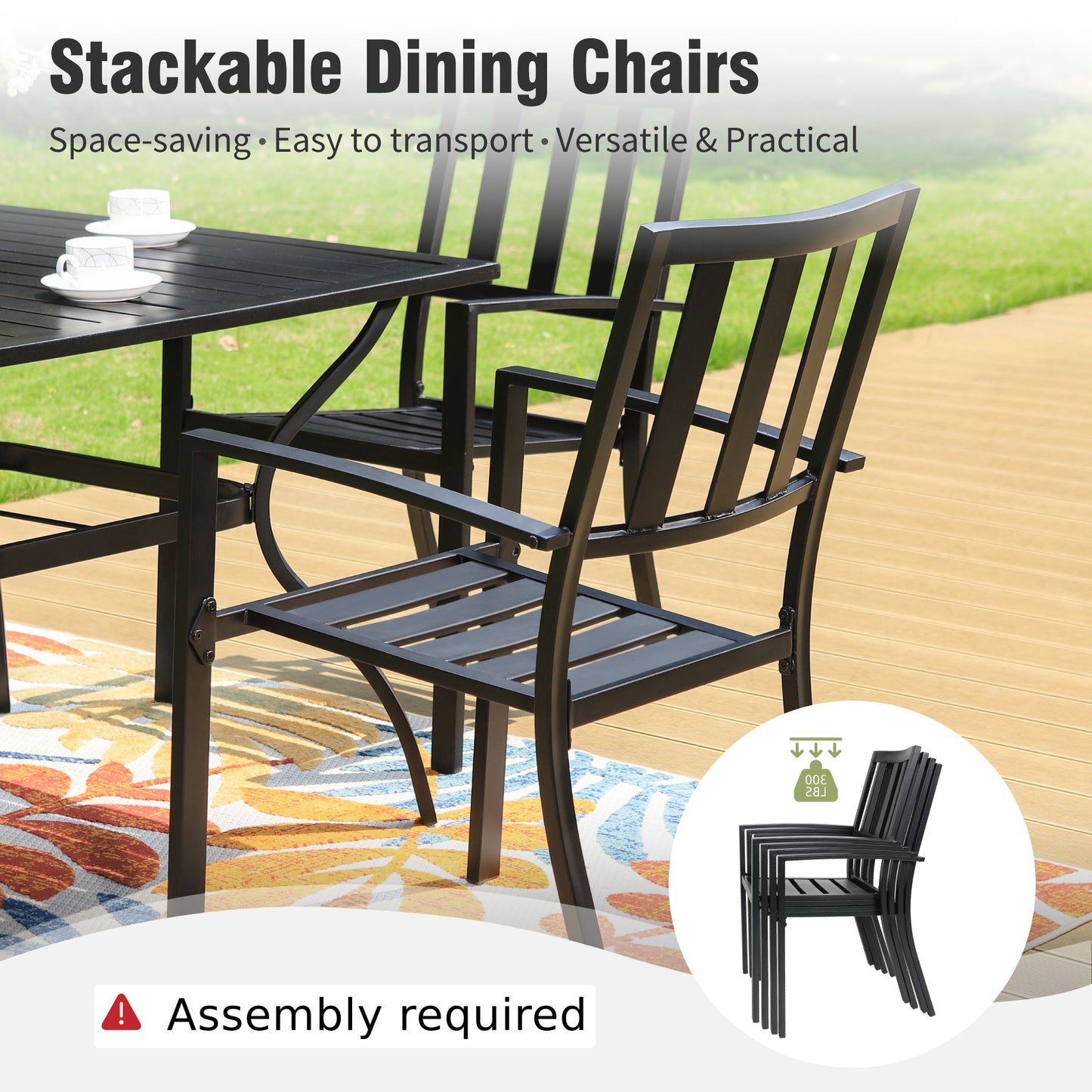 Captiva Designs 3pc Outdoor Patio Slatted Tabletop Square Dining Steel Table & Arm Chairs