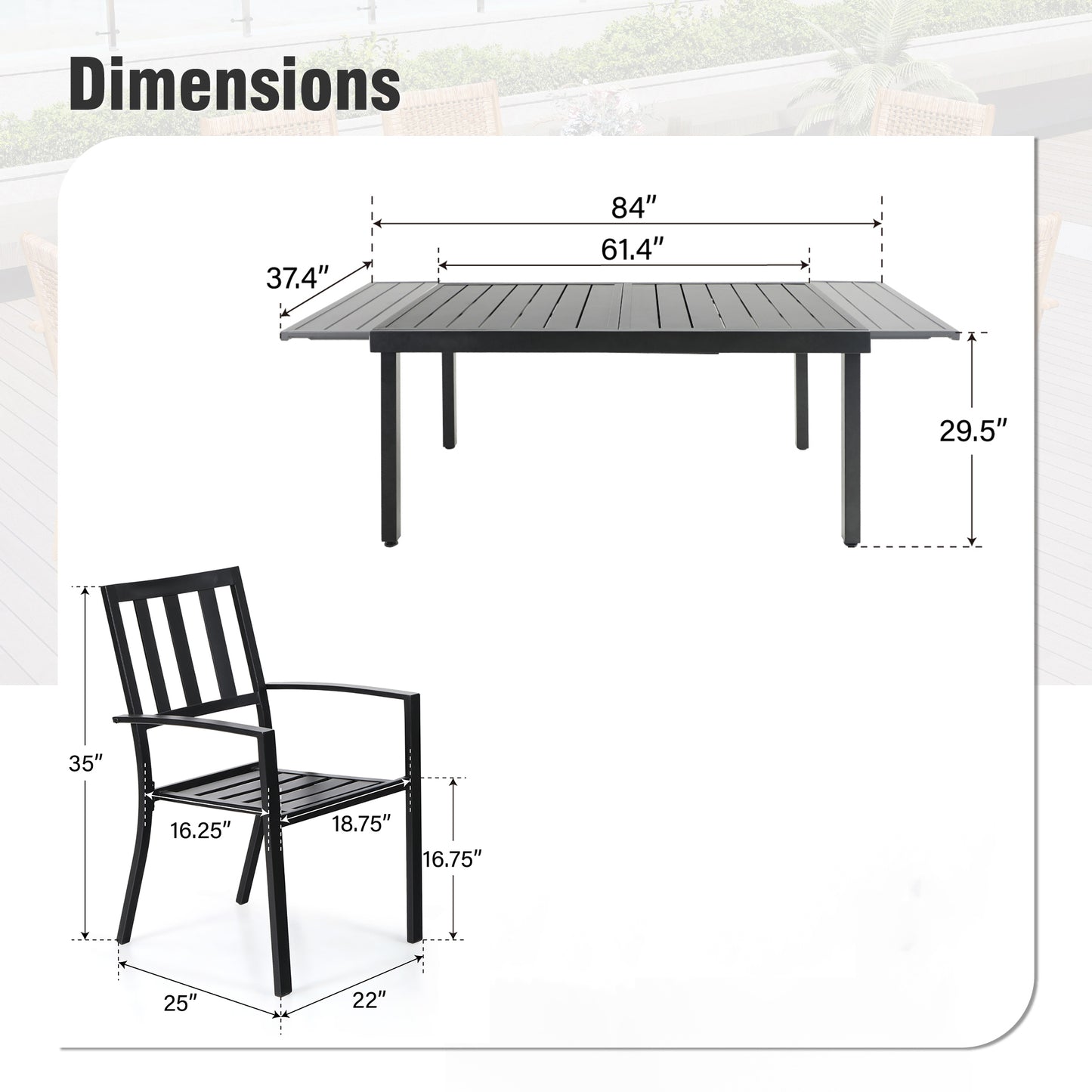 Captiva Designs 7pc Patio Slat-top Rectangle Dining Steel Table & Armrest Metal Chairs
