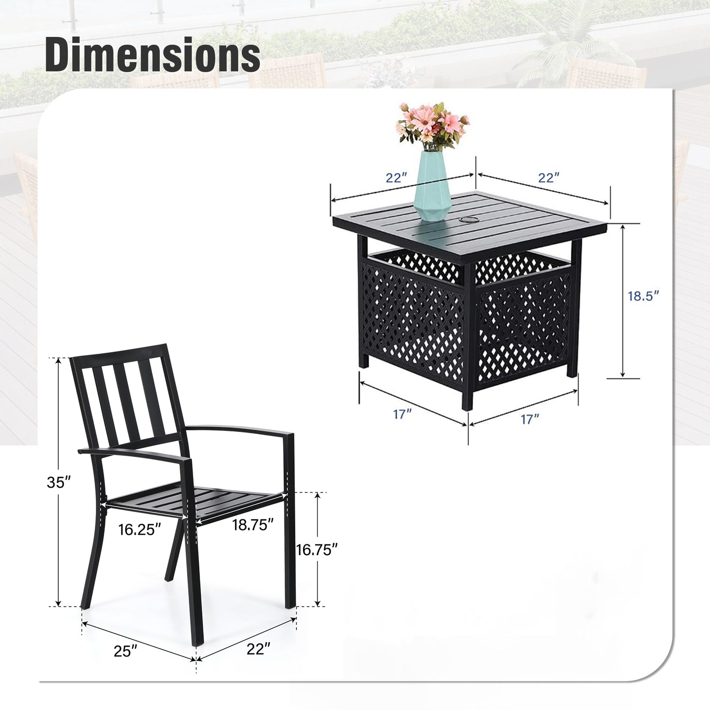 Captiva Designs 3pc Outdoor Patio Slatted Tabletop Square Dining Steel Table & Arm Chairs