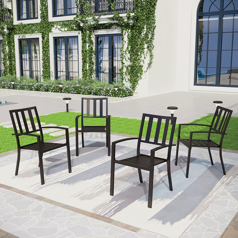 Captiva Designs 6pc Patio Mesh Top Square Steel Dining Table & Stackable Metal Chairs & Market Umbrella