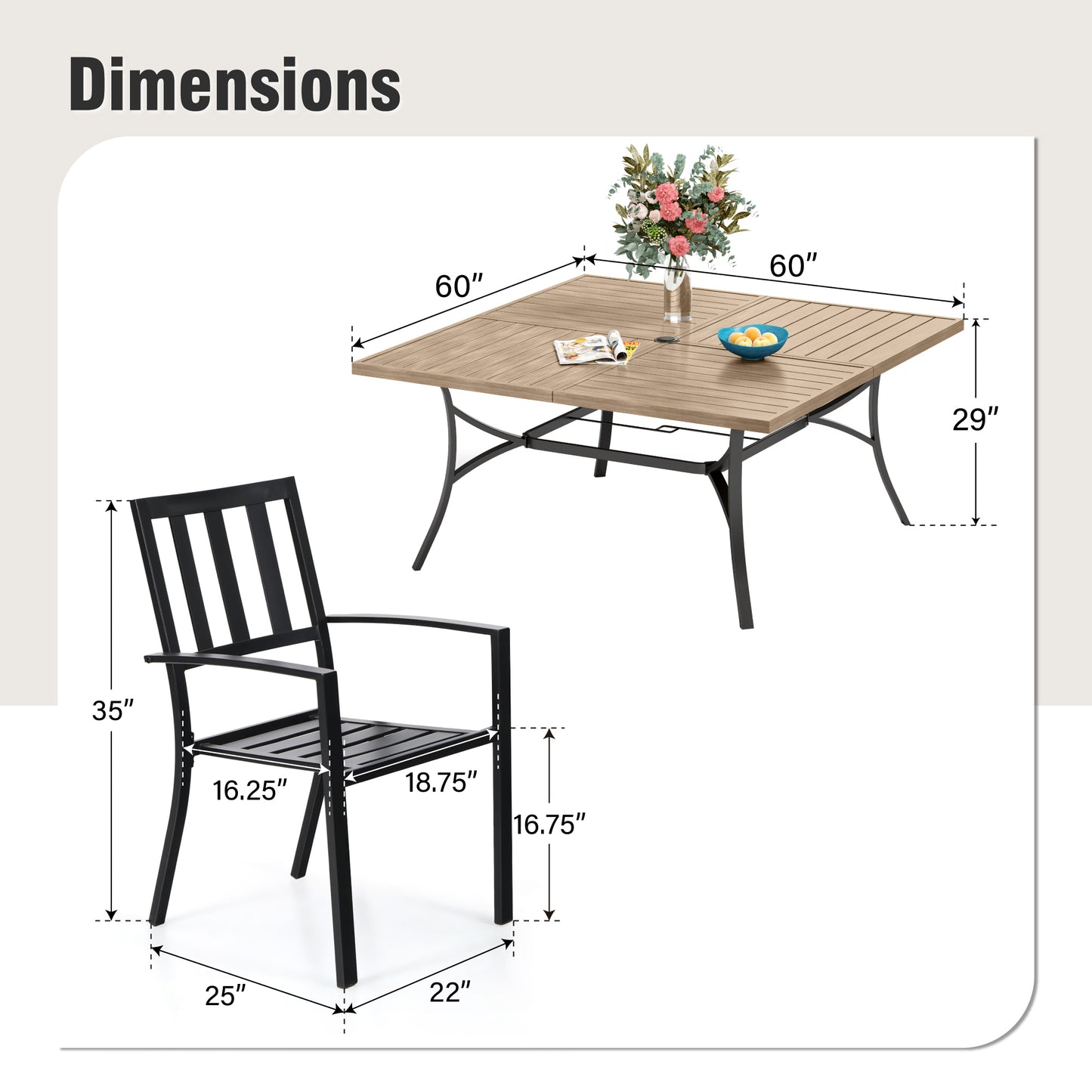 Captiva Designs 9pc Spacious Slat-top Square Metal Table with Umbrella Hole & Metal Stackable Chairs with Perforated Back