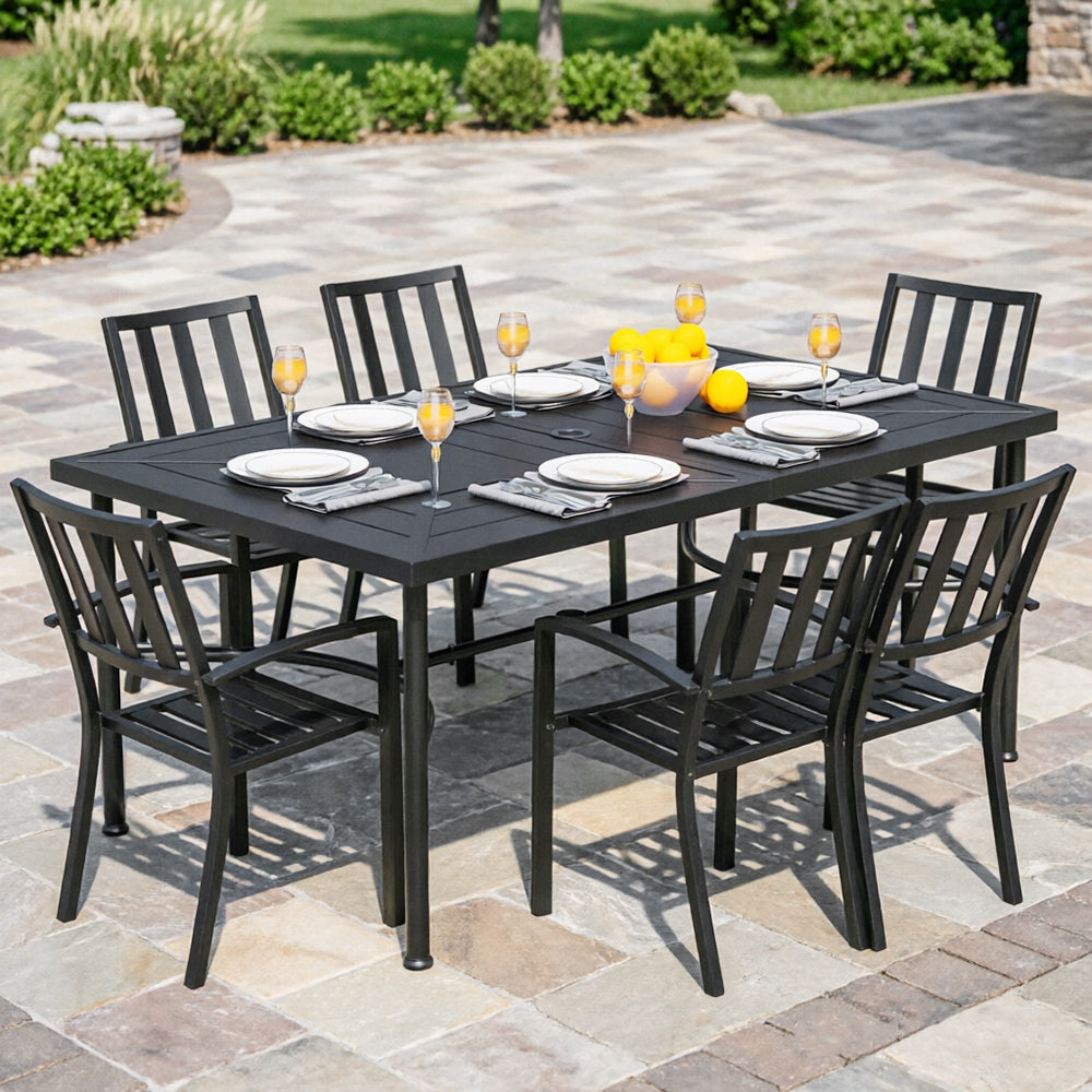 Captiva Designs 7pc Patio Dining Geometric Pattern Rectangular Steel Table & Mesh Back Metal Arm Chairs