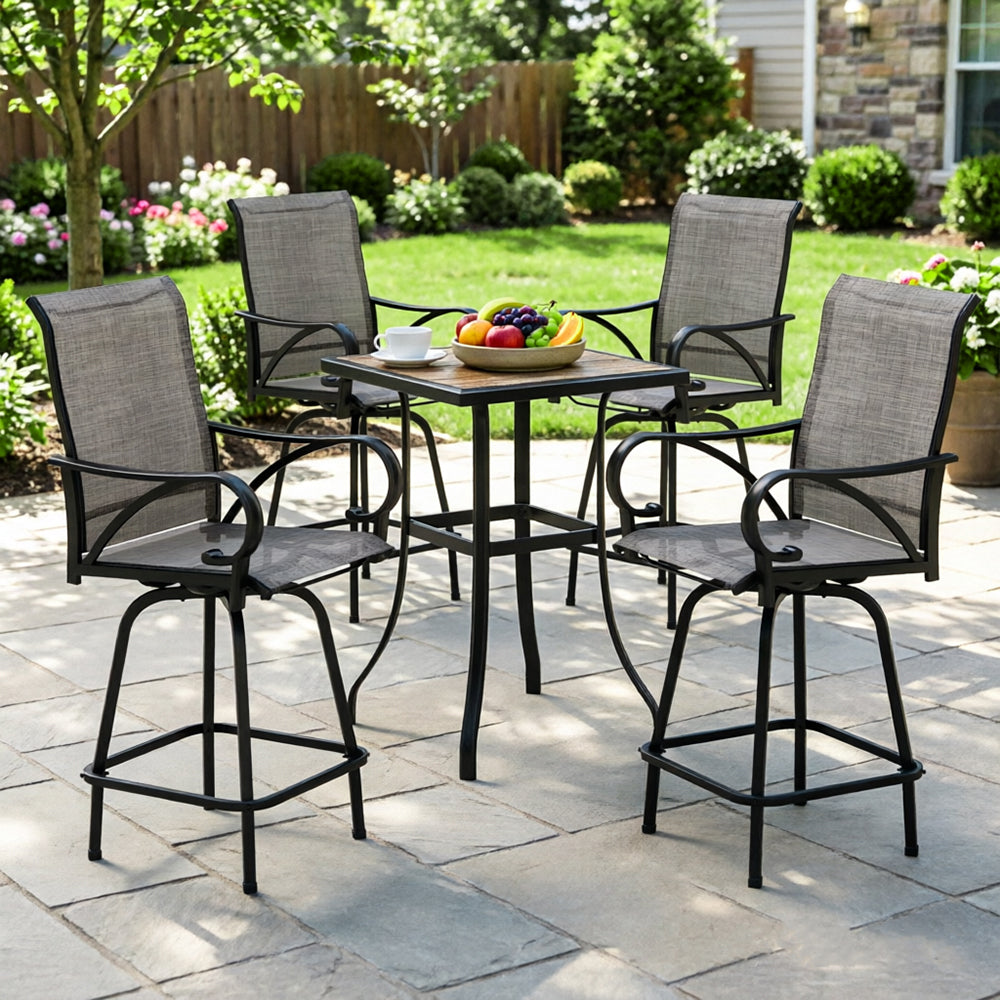Captiva Designs 5Pc Outdoor Patio Dining Bar Set with Steel Steel Table & Sling Swivel Bar Stools