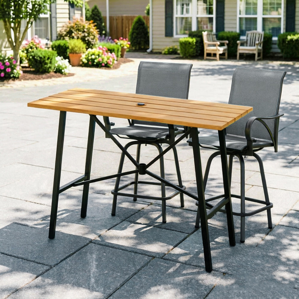 Captiva Designs 3pc Patio Slat-top Rectangle Wood-look Finished Metal Bar Table & Sling Swivel Bar Stools