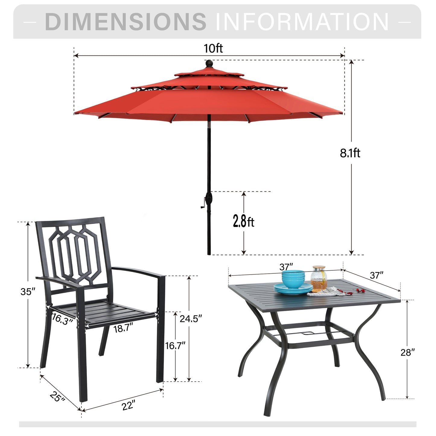 Captiva Designs 6pc Outdoor Patio Square Steel Dining Table with Stackable Metal Chairs and Market Umbrella