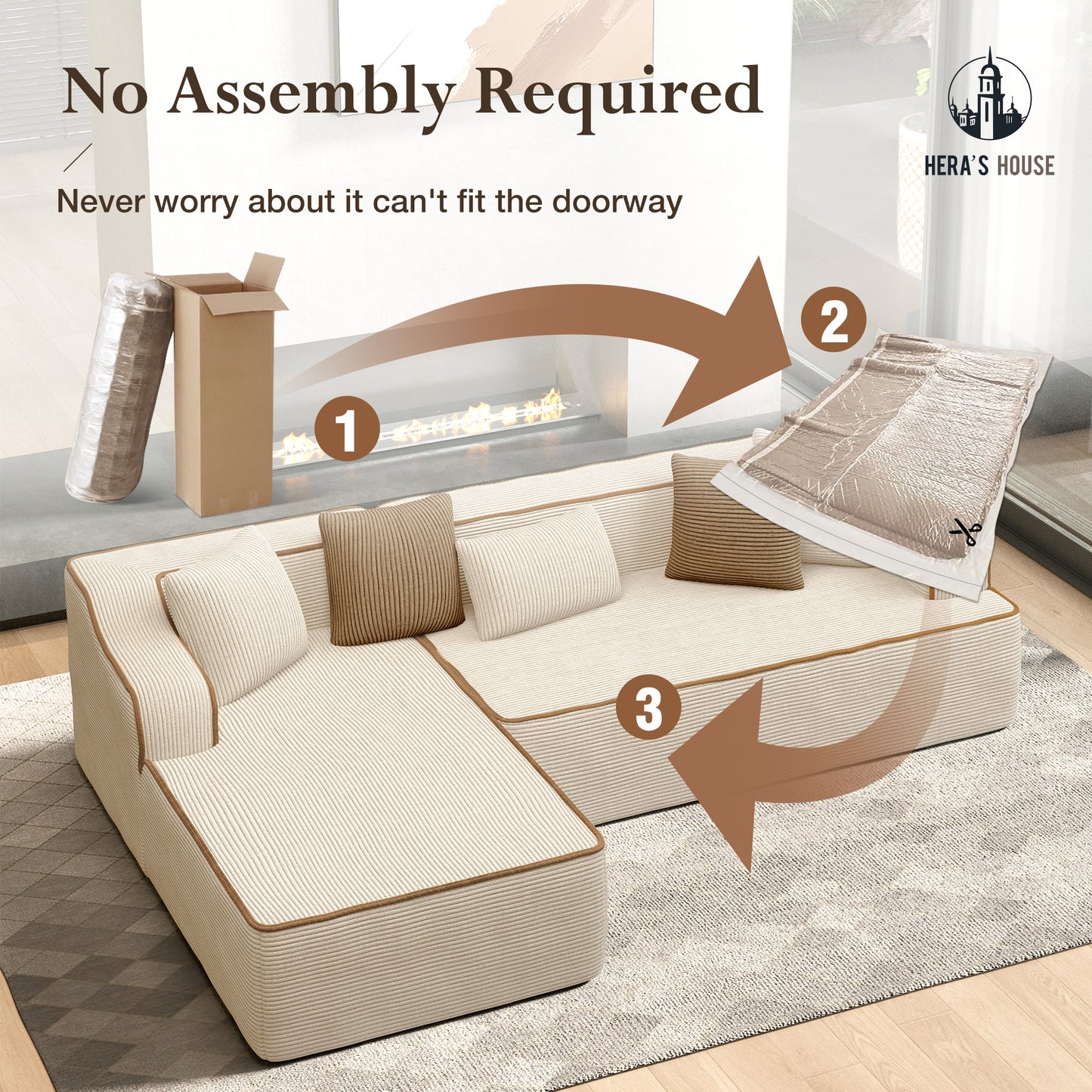 HERA'S HOUSE 105" L Shaped Sectional with Chaise, Living Room Cloud Couch, Corduroy Modular Sofa with Wide Armrest and 5 Pillows, No Assembly, Beige