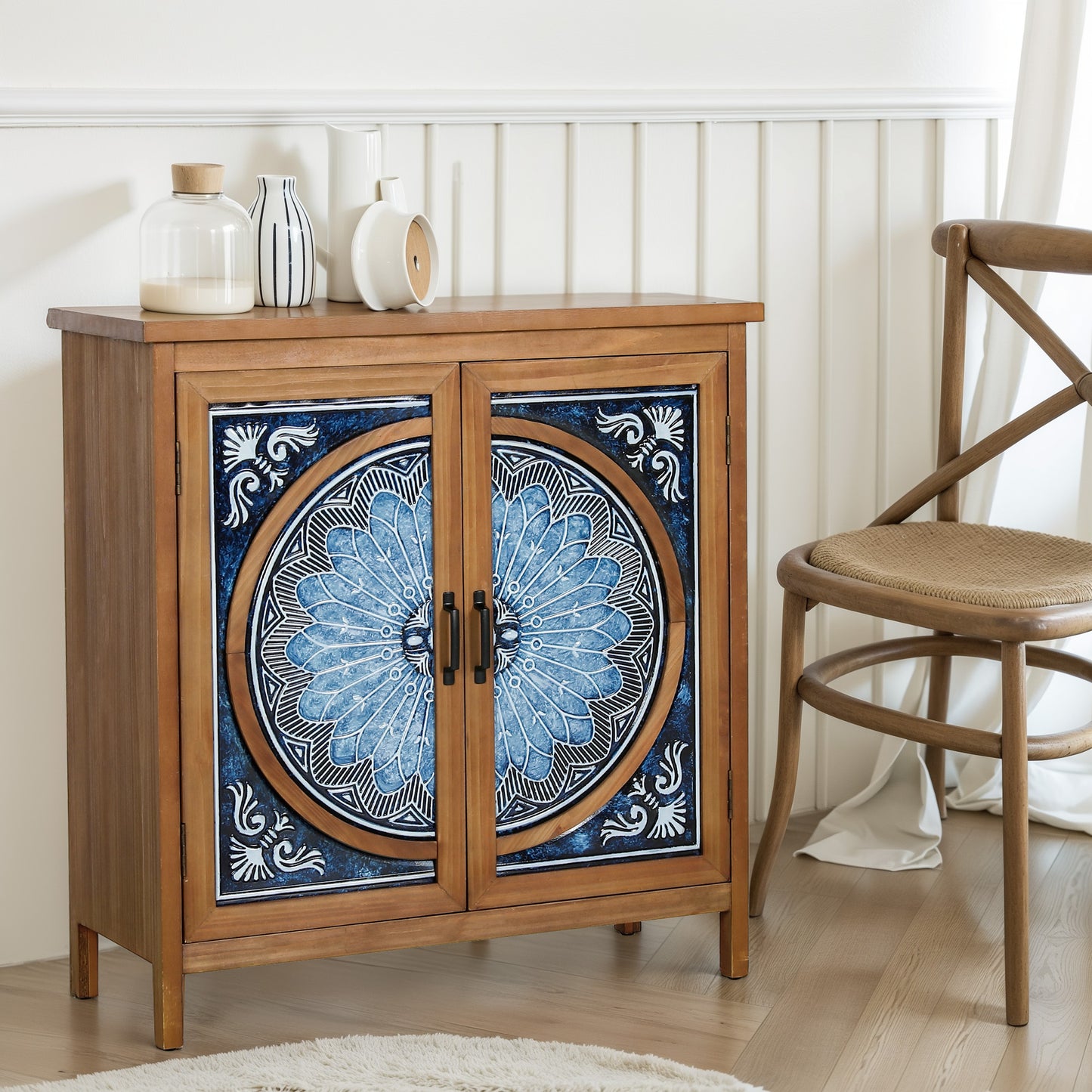 Captiva Designs 2-Door Accent Distressed Storage Cabinet with Blue and White Porcelain Pattern for Entryway Living Room