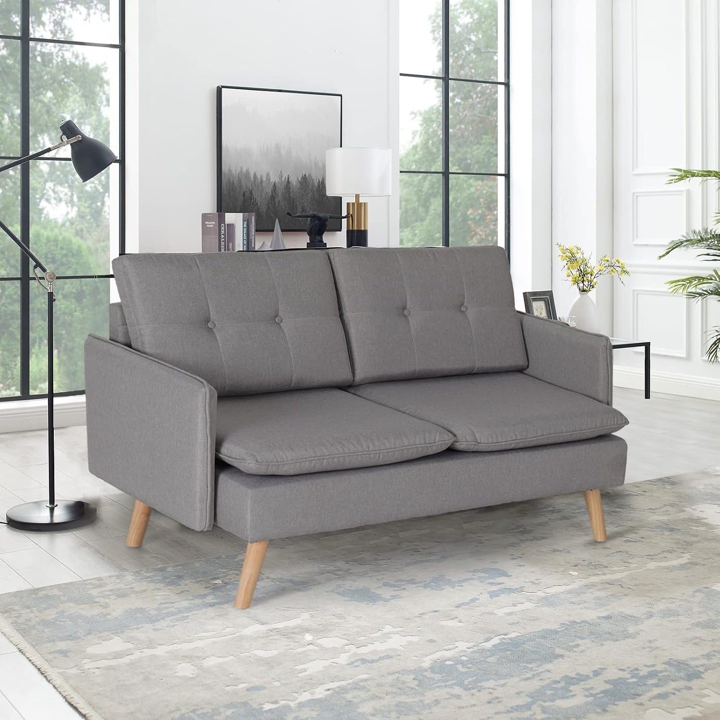Sophia & William Sofa Coach Modern Loveseat for Living Room Upholstered Fabric 2-Seat Sofa Pillowed Back Cushion Straight Arms 52" Love Seats for Bedroom, Apartment, Dorm, Studio, Office-Light Grey
