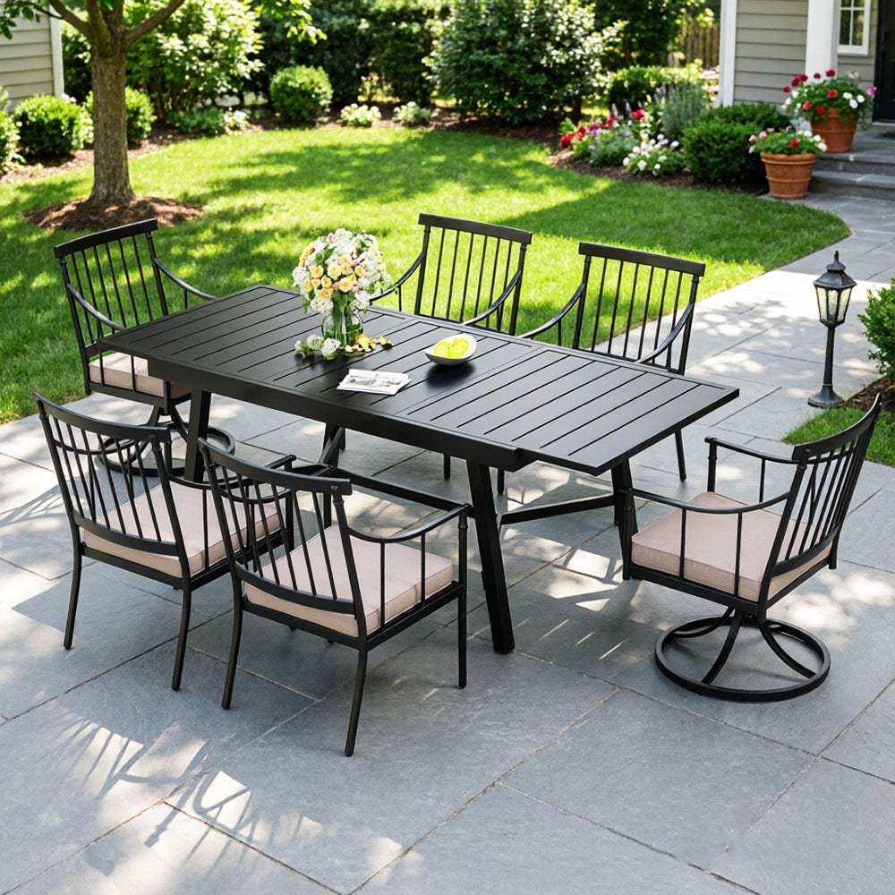 Captiva Designs 7pc Patio Dining Set with Rectangle Steel Table & Stylish Arm Chairs with Cushions