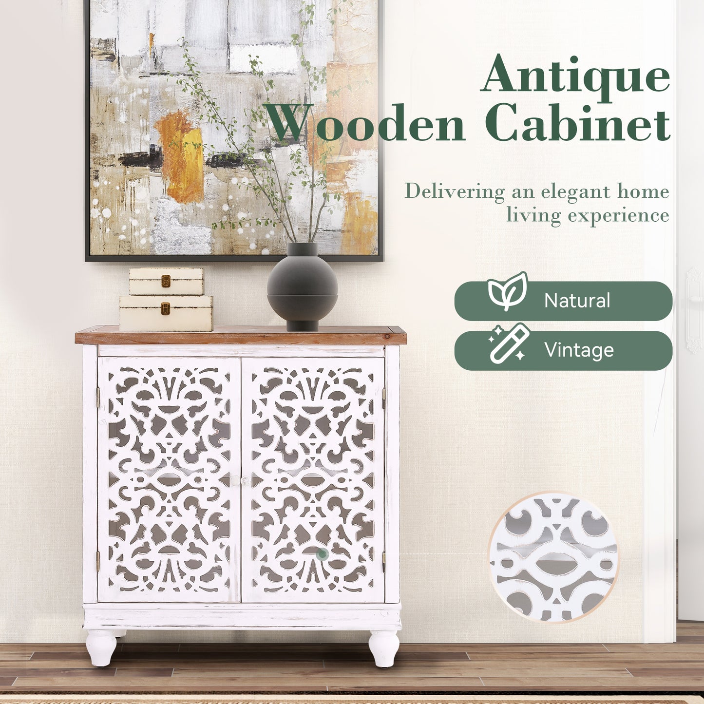 Captiva Designs Distressed Hollow-carved Accent Storage Sideboard Buffet Cabinet with Solid Wood Legs for Living Room Entryway Foyer