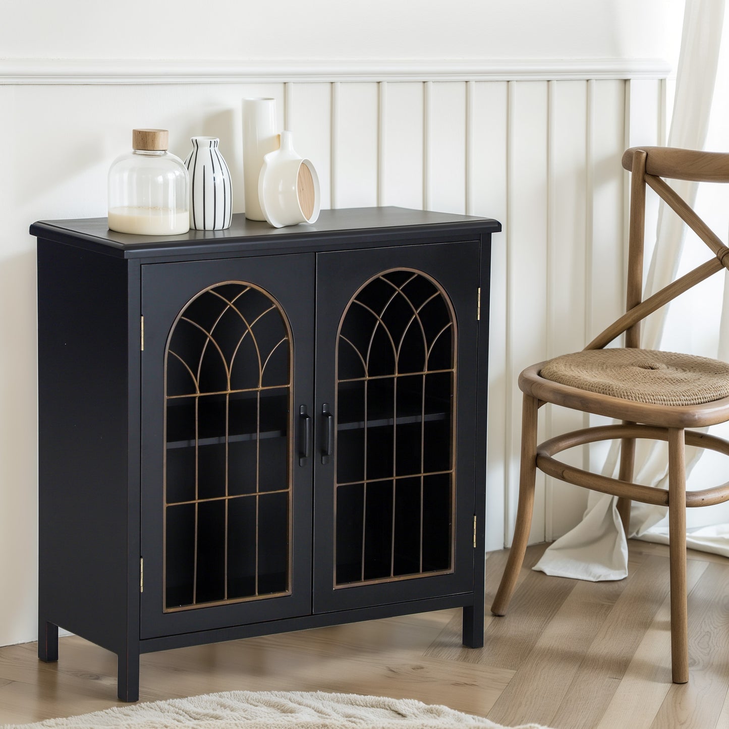 Captiva Designs Exquisite Metal Church Window Sideboard Buffet Storage Cabinet for Kitchen Dining Room Entryway