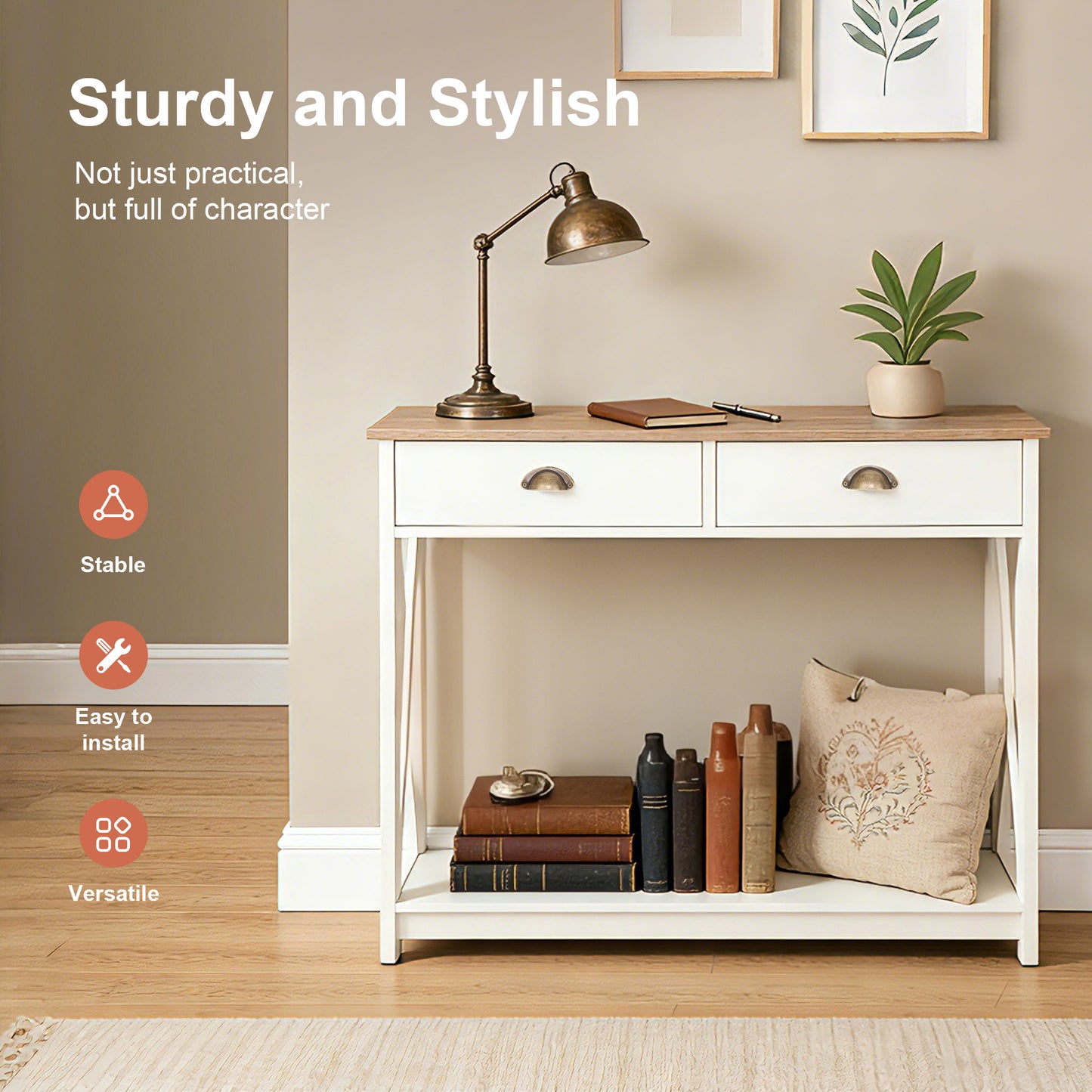 Captiva Designs Farmhouse Console Table with Shelf or Drawers, Narrow 2-Tier Entryway or Hallway Table, Ivory Finish