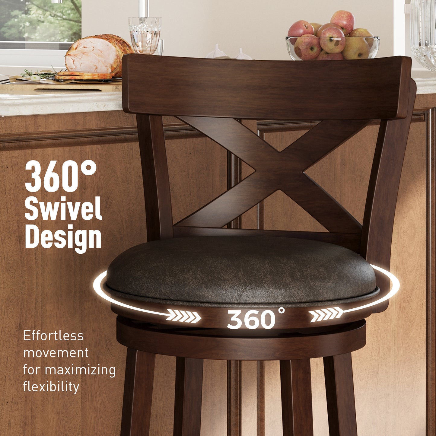 Captiva Designs 30 inch Swivel Bar Stools with Faux Leather Upholstered Seat & Rubberwood Frame & Wrap-Around Footrest