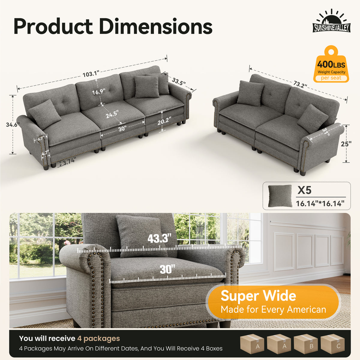 SUNSHINE VALLEY Modular Sectional Couch and Loveseat Set for Living Room, Mid-Century Modern 5-Seat Couch Set, Medium Heathered Grey, Rolled Arms & Nailhead Trim, Deeper Seats, Linen Furniture Set