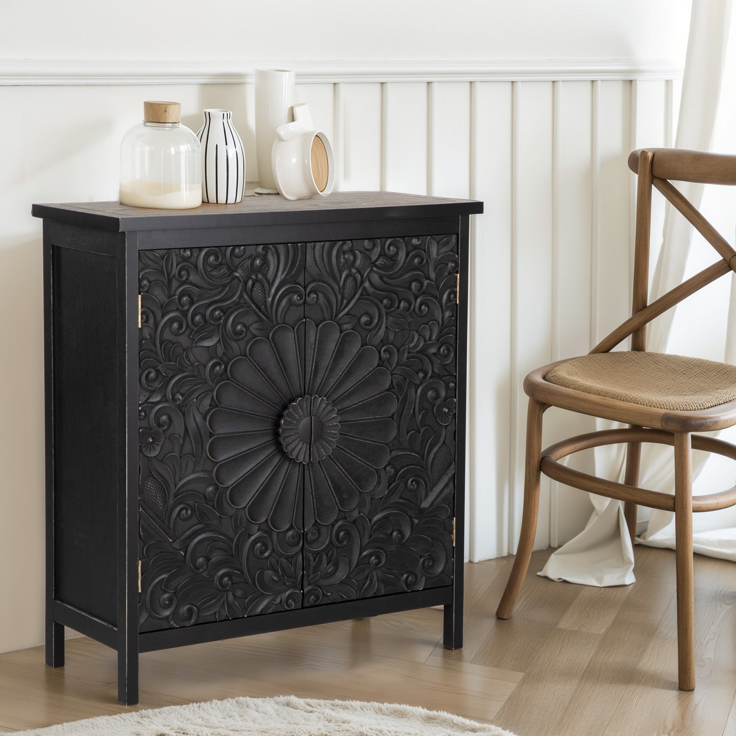 Captiva Designs Accent Farmhouse Carved Floral Buffet Cabinet with Doors for Living Room