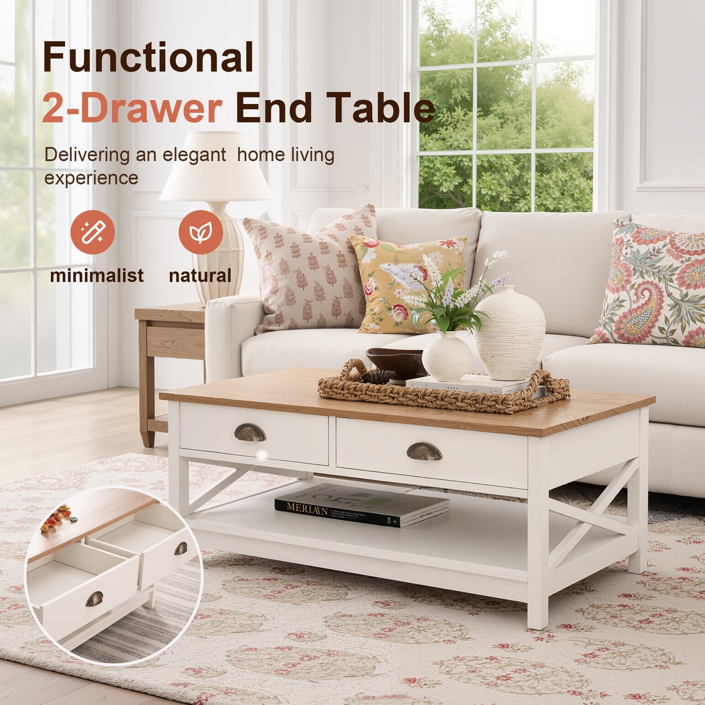 Captiva Designs Farmhouse Coffee Table with Storage Shelf for Living Room, 2-Tier Wooden Center Table with X-Shape Design, Ivory