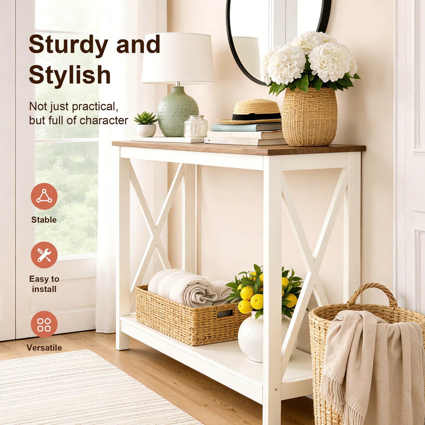 Captiva Designs Farmhouse Console Table with Shelf or Drawers, Narrow 2-Tier Entryway or Hallway Table, Ivory Finish