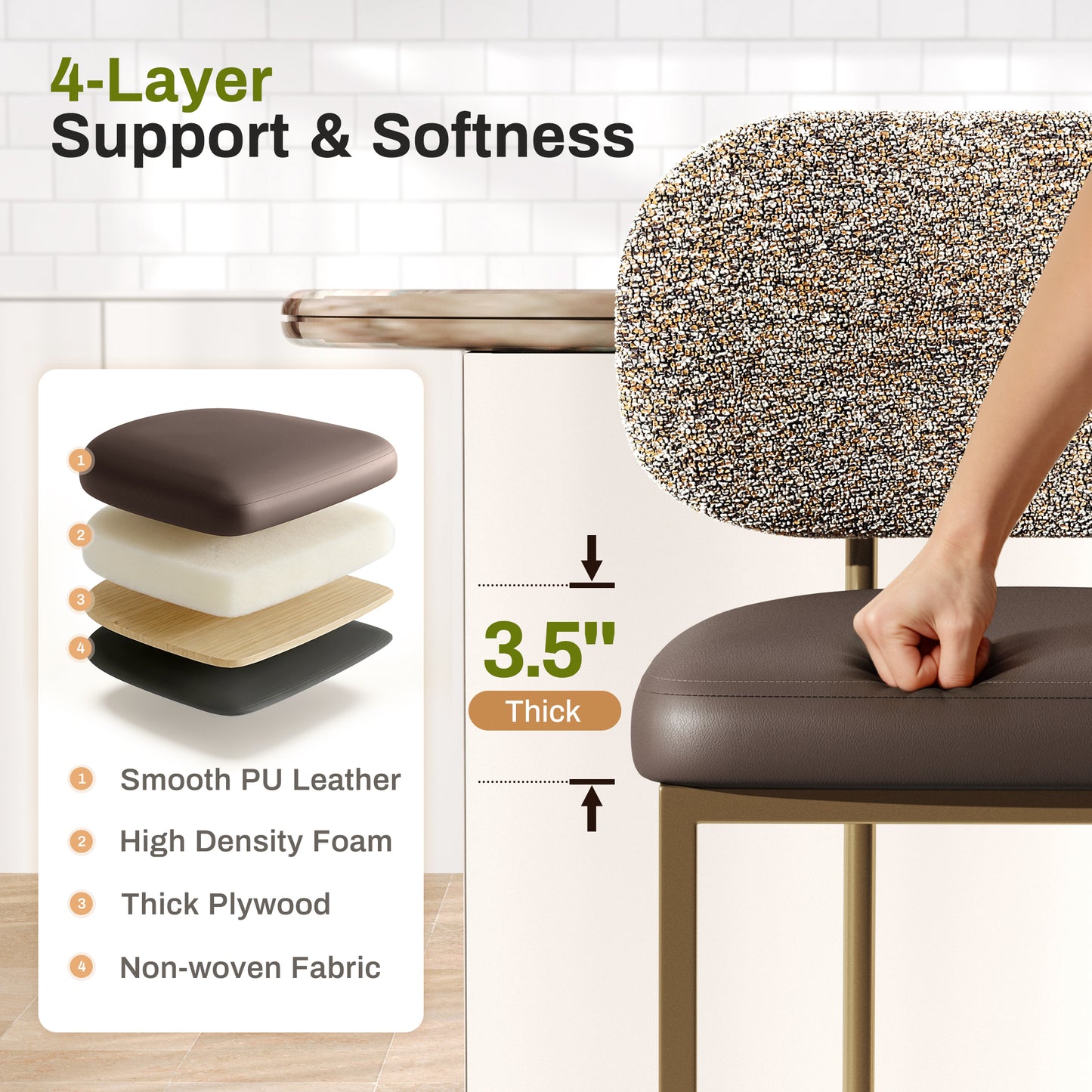 Captiva Designs 24.8 inch Counter Height Bar Stool with Large Chenille Back & PU Leather Seat & Footrest & Adjustable Foot Pad & Sturdy Steel Frame