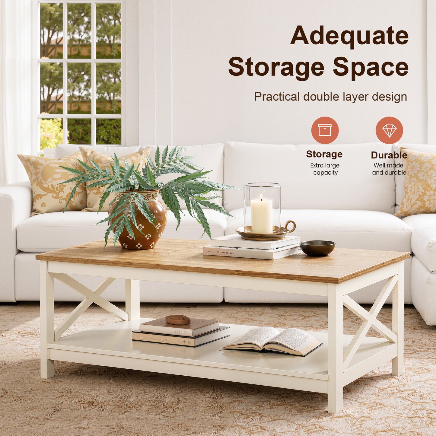 Captiva Designs Farmhouse Coffee Table with Storage Shelf for Living Room, 2-Tier Wooden Center Table with X-Shape Design, Ivory