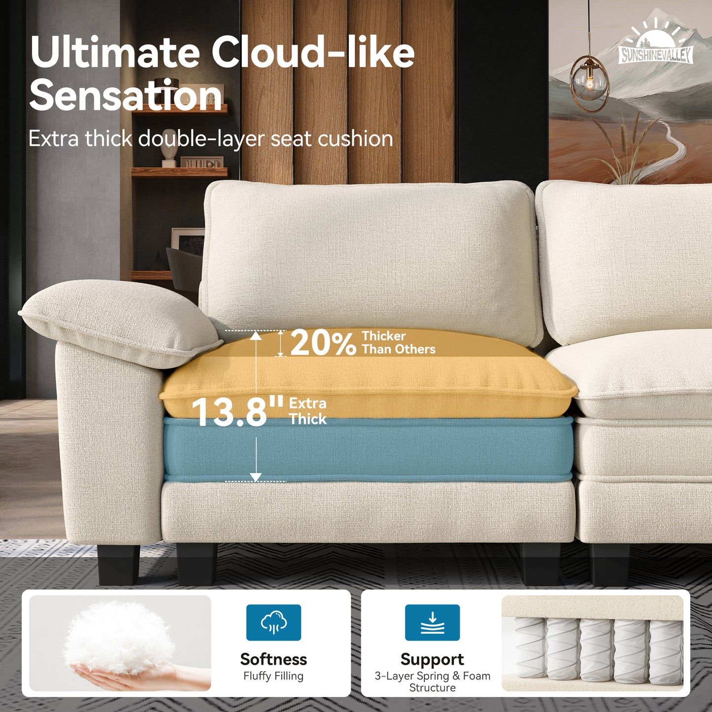 SUNSHINE VALLEY 3-Piece Modular Sectional Couch Set with Armchair Loveseat, Modern 6-Seater Cloud Sofa Set, White, Wider Armrest, Comfy Deep Seat, Soft Chenille Furniture Set for Living Room Bedroom