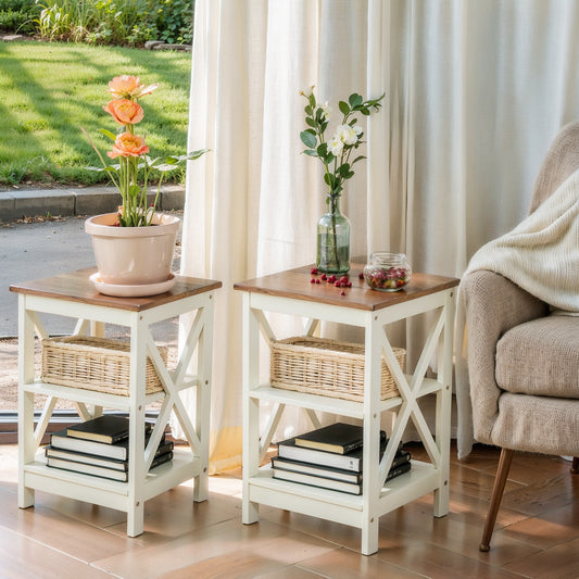 Captiva Designs Farmhouse End Table Set of 2, Side Tables with X-Shape Design, Wooden Nightstands for Living Room or Bedroom