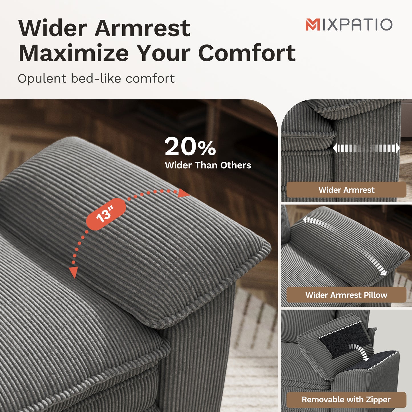 MIXPATIO Modular Sectional Couch Cloud Sofa Grey 88" L, Modern Sectional Couches for Living Room, Wider Armrest and Deep Seat, Comfy Cloud Sofa, Soft Corduroy Furniture