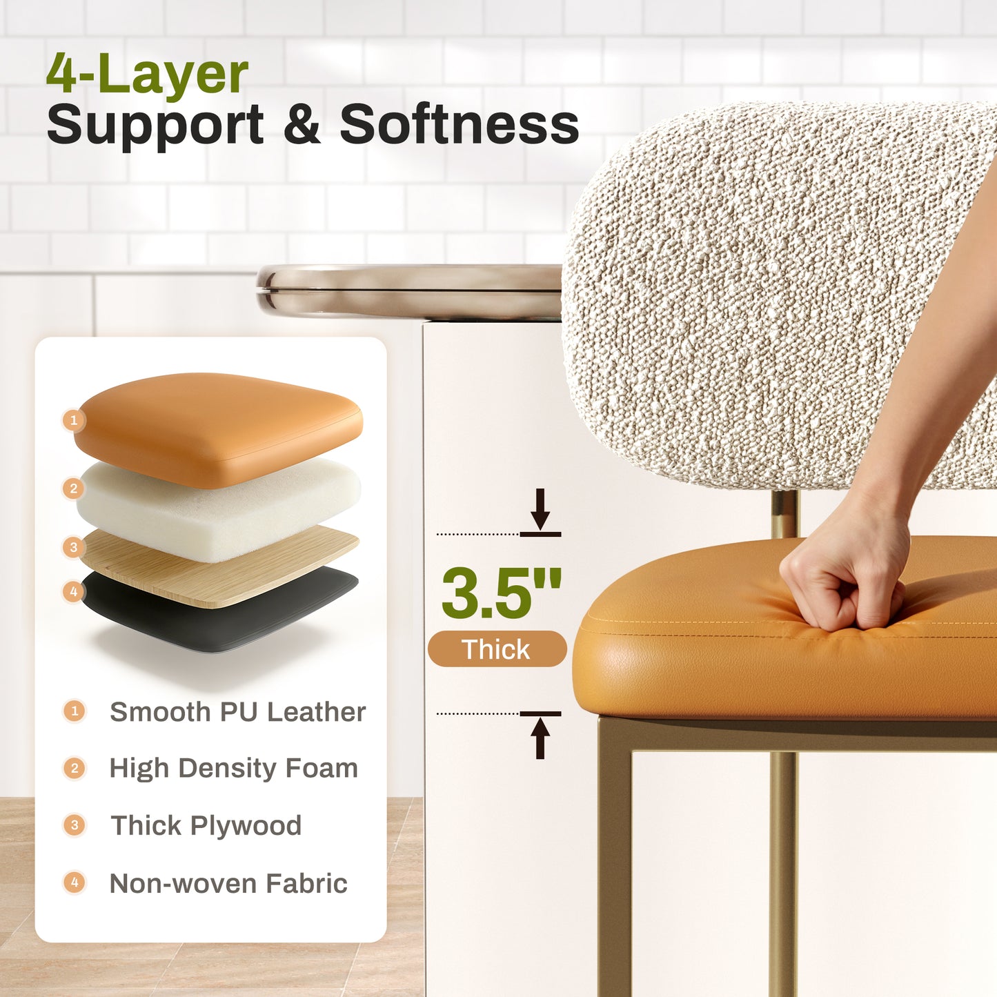 Captiva Designs 24.8 inch Counter Height Bar Stool with Large Chenille Back & PU Leather Seat & Footrest & Adjustable Foot Pad & Sturdy Steel Frame