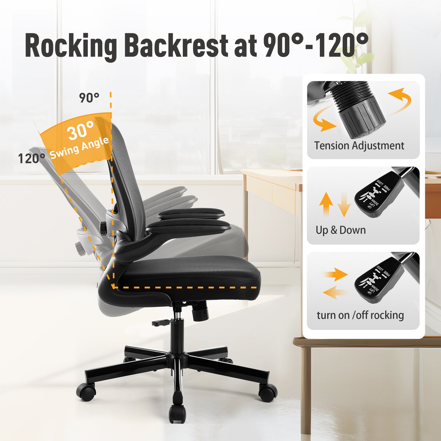 Captiva Designs Ergonomic High-Back Mesh Office Chair Adjustable Height Swivel Chair with Flip-Up Armrests, Black